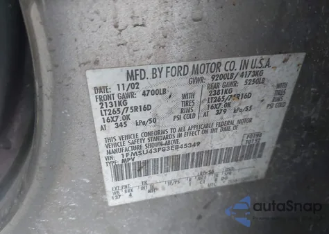 2003 Ford Excursion Limited from USA, damaged, VIN 1FMSU43P83EB45349